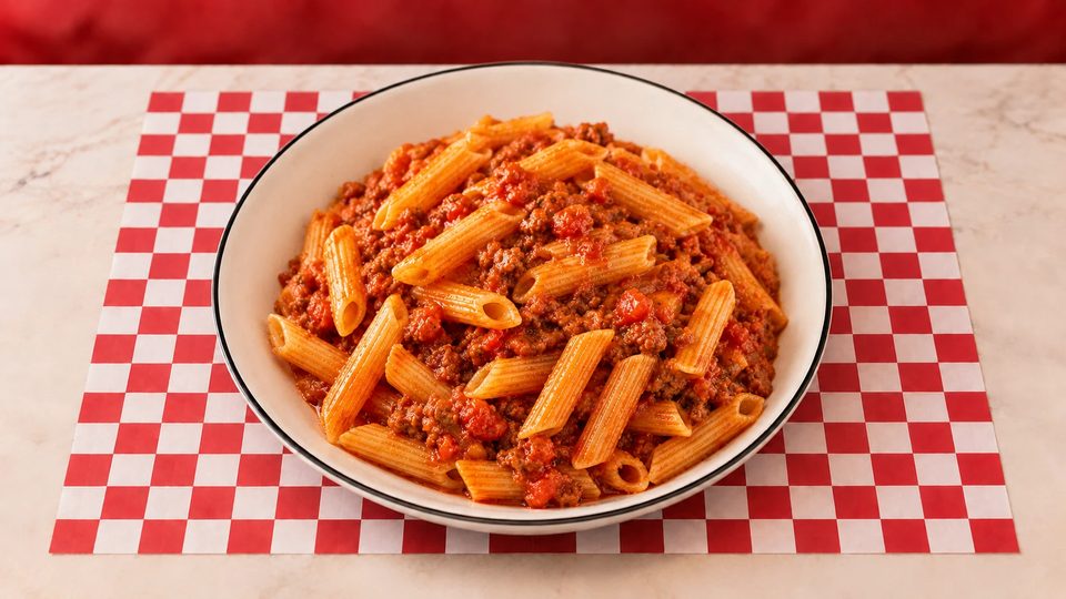 Assiette de penne à la sauce bolognaise