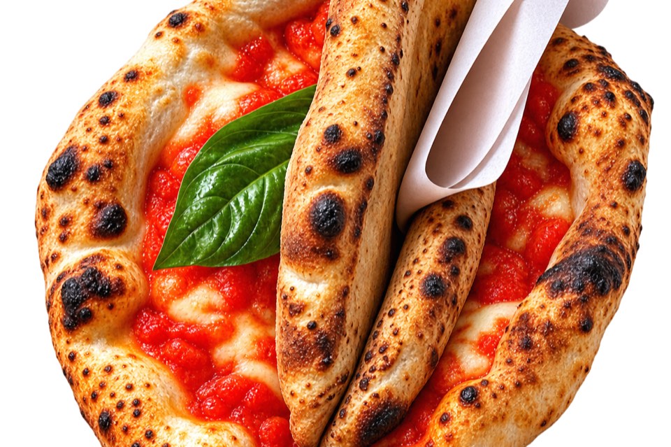 Pizza portafoglio pliée en quatre et tenue dans une feuille de papier, à la napolitaine