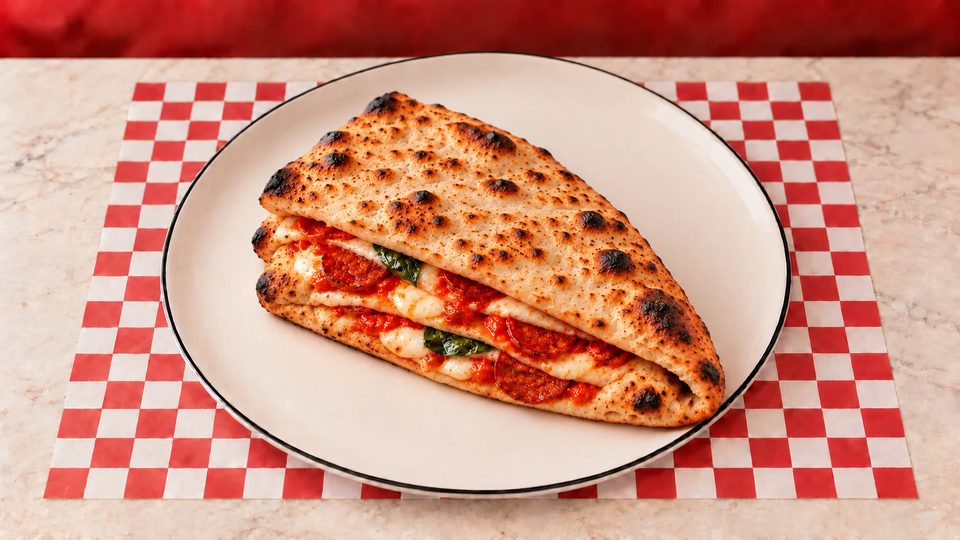 Pizza portafoglio au chorizo, pliée en portefeuille, sur son assiette