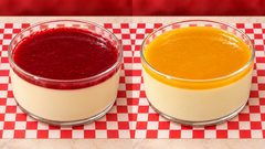 Panna cotta — coulis fruits rouges et coulis mangue